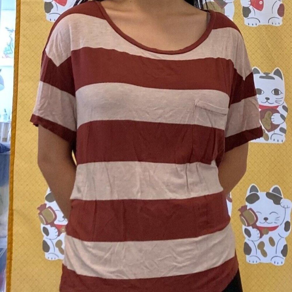 American Eagle Soft & Sexy Medium Maroon and White Striped T Shirt